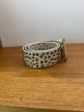 Studded White Leather Belt with Gold Accents